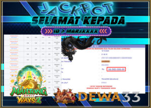 Pengumuman jackpot dari DEWA33, menampilkan pembayaran sebesar Rp18.000.000 untuk permainan Mahjong Ways 2, dengan teks ucapan selamat dan grafik yang menarik, termasuk naga dan logo permainan